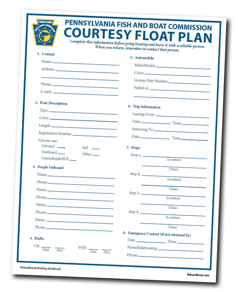 Pennsylvania Fish and Boat Commission courtesy float plan. Field to complete include contact, boat description, people onboard, radio, automobile, trip information, stops and emergency contact.