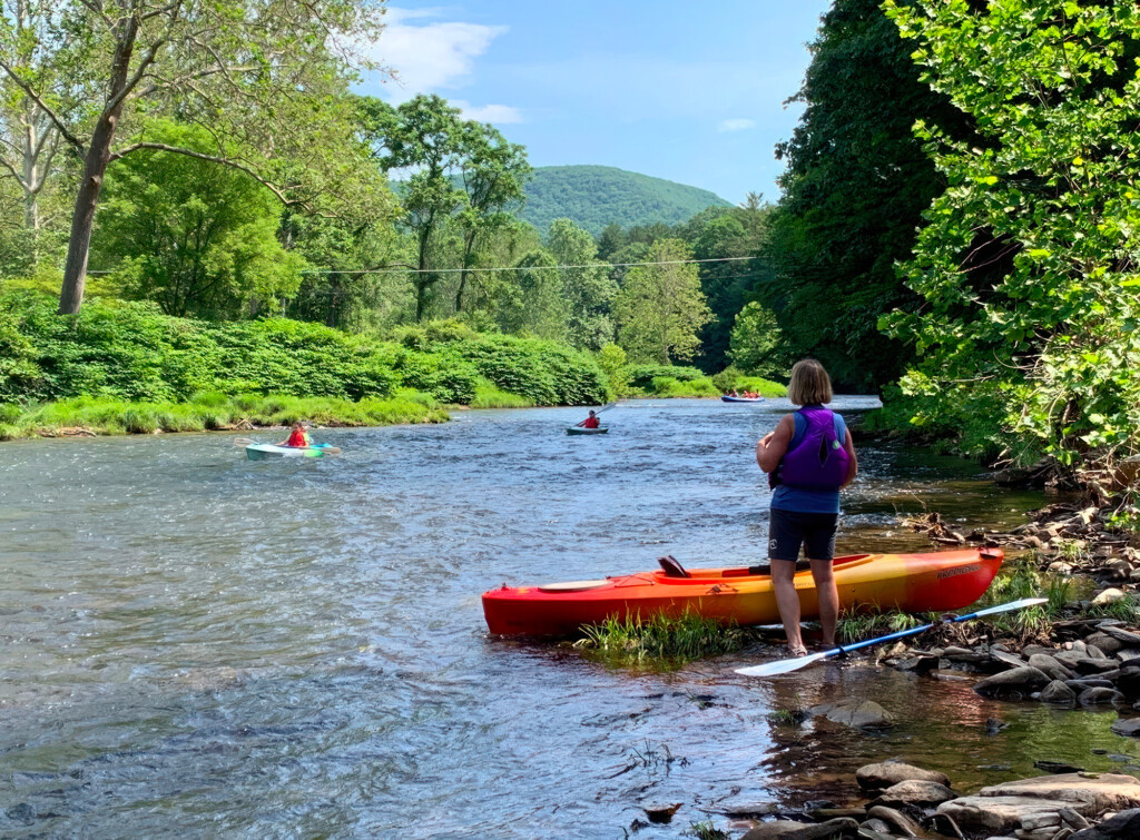 Woman wearing a life jacket standing along the shore of Pine Creek about to launch her kayak. Two kayakers paddle along the creek off in the distance.