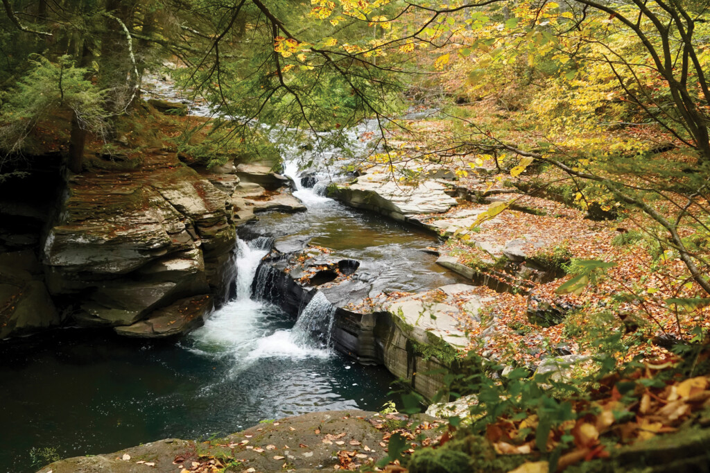 Scenic photo of a small rocky waterfall surrounded by green scenery.
