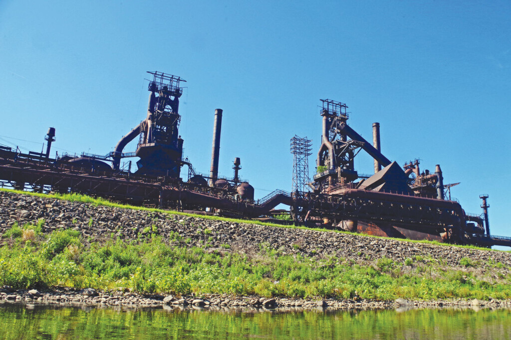 View from the river of the remains of the stacks from the Bethlehem Steel plant.