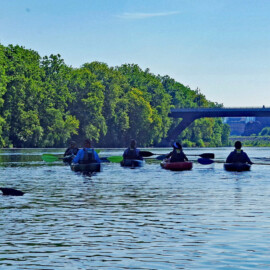 Kayakers paddle on the Lehigh River Water Trail and head downstream from the Sand Island Access in Bethlehem, Northampton County.